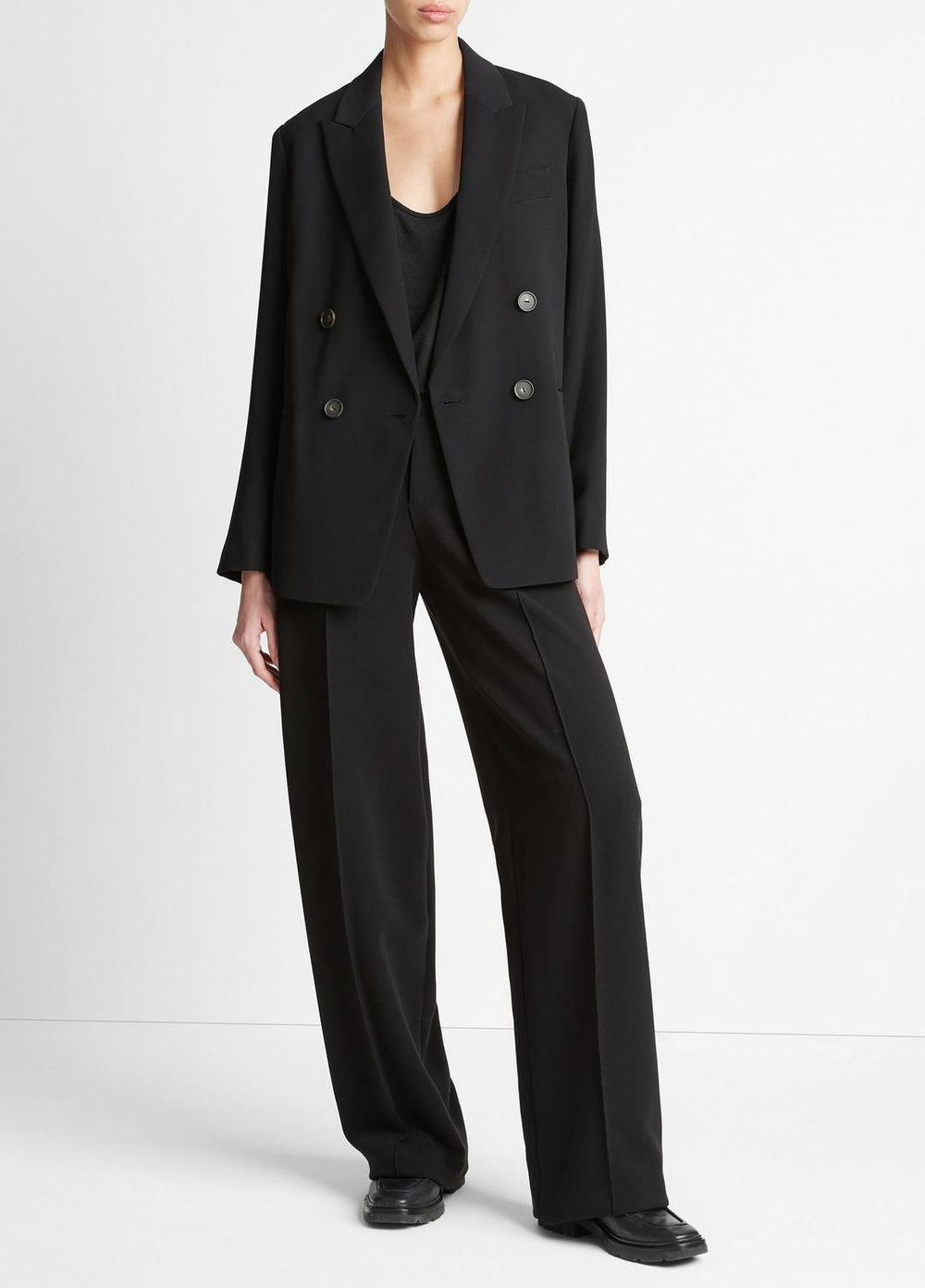 VINCE | Crepe Double-Breasted Blazer in Blazers - BLACK