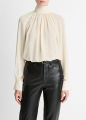 VINCE | Gathered Draped-Neck Crepe Blouse in Long Sleeve - CREAM