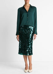 VINCE | Silk-Blend Slim Button-Front Blouse in Long Sleeve - JUNIPER