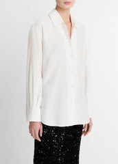 VINCE | Refined Twill Covered-Button Shirt in Long Sleeve - LIGHT CREAM