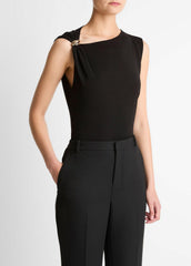 VINCE | Cinched-Shoulder Wool-Blend Top in Tank Tops - BLACK