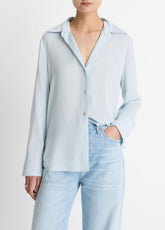 VINCE | Stretch-Silk Button-Front Blouse in Long Sleeve - GLACIER