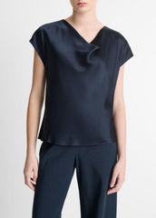 VINCE | Silk Cowl-Neck Blouse in Short Sleeve - COASTAL BLUE