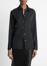 VINCE | Stretch-Silk Button-Front Blouse in Long Sleeve - BLACK