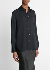 VINCE | Stretch-Silk Button-Front Blouse in Long Sleeve - BLACK