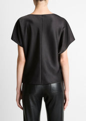 VINCE | Draped Satin Dolman-Sleeve Blouse in Short Sleeve - BLACK