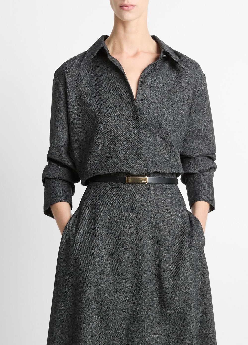 VINCE | Italian Jaspe Relaxed Button-Front Shirt in Long Sleeve - MEDIUM HEATHER GREY