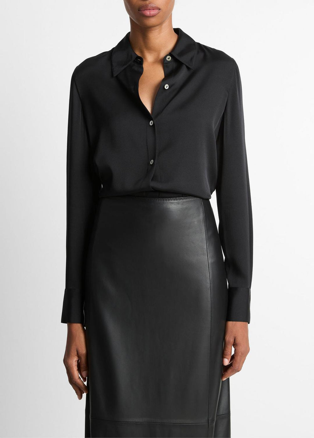 VINCE | Silk-Blend Slim Button-Front Blouse in Long Sleeve - BLACK