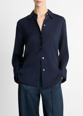 VINCE | Stretch-Silk Button-Front Blouse in Long Sleeve - COASTAL BLUE