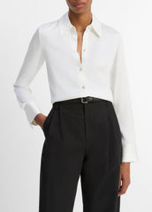 VINCE | Silk-Blend Slim Button-Front Blouse in Long Sleeve - OFF WHITE