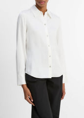 VINCE | Silk-Blend Slim Button-Front Blouse in Long Sleeve - OFF WHITE