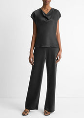 VINCE | Silk Cowl-Neck Blouse in Short Sleeve - BLACK
