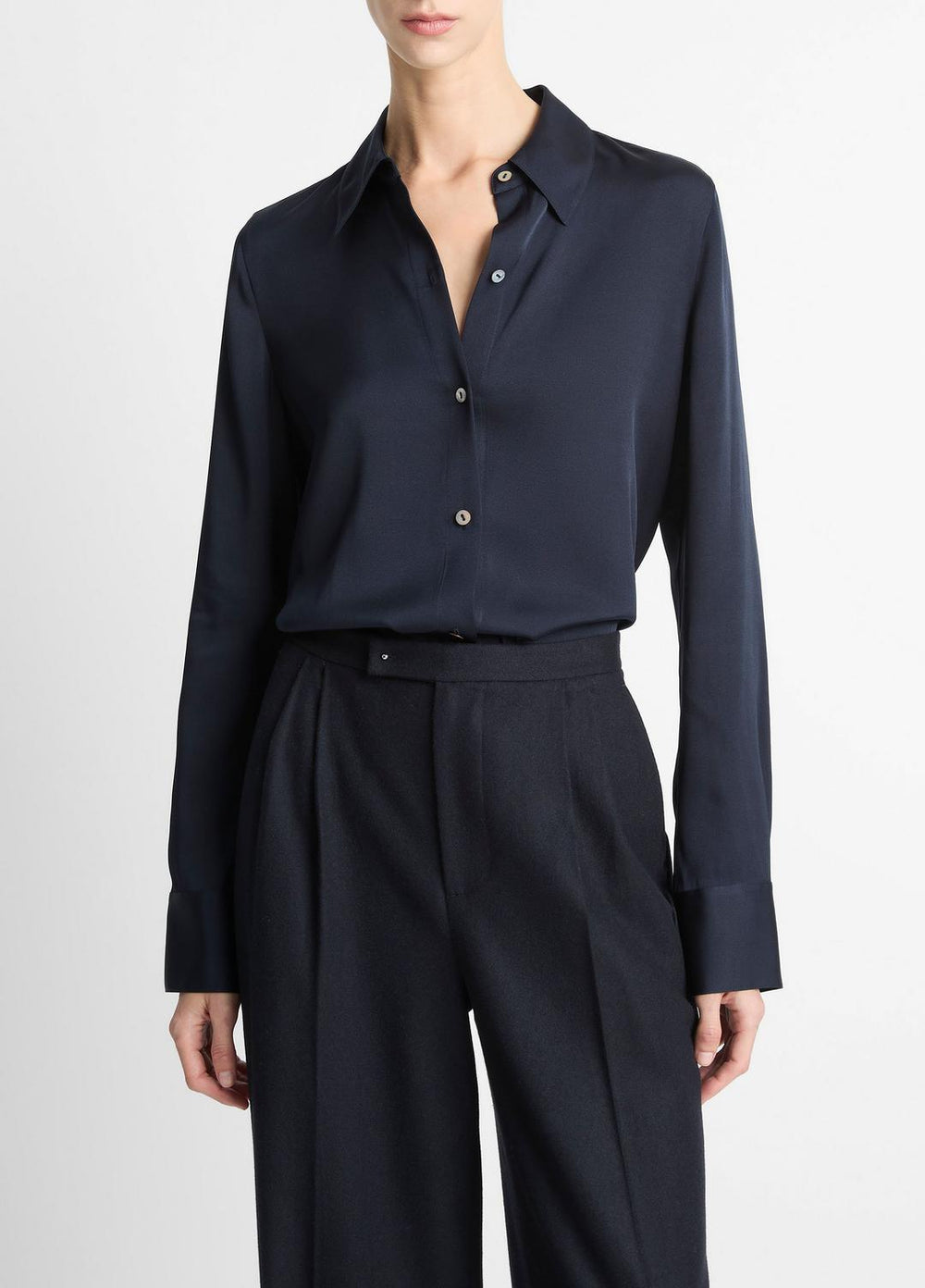VINCE | Silk-Blend Slim Button-Front Blouse in Long Sleeve - COASTAL BLUE