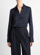 VINCE | Silk-Blend Slim Button-Front Blouse in Long Sleeve - COASTAL BLUE