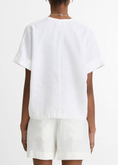 VINCE | Linen Drawcord-Hem Blouse in Short Sleeve - OPTIC WHITE