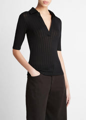 VINCE | Cotton Elbow-Sleeve Polo Shirt in Short Sleeve - BLACK
