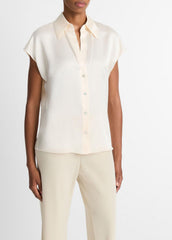 VINCE | Silk Cap-Sleeve Ruched-Back Blouse in Short Sleeve - CHIFFON