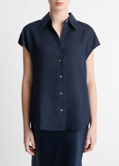 VINCE | Linen Cap-Sleeve Button-Front Blouse in Short Sleeve - COASTAL BLUE