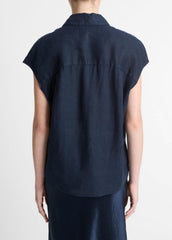 VINCE | Linen Cap-Sleeve Button-Front Blouse in Short Sleeve - COASTAL BLUE