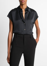 VINCE | Silk Cap-Sleeve Ruched-Back Blouse in Short Sleeve - BLACK