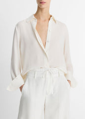 VINCE | Stretch-Silk Button-Front Blouse in Long Sleeve - OFF WHITE