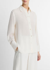 VINCE | Stretch-Silk Button-Front Blouse in Long Sleeve - OFF WHITE
