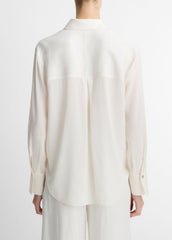 VINCE | Stretch-Silk Button-Front Blouse in Long Sleeve - OFF WHITE