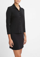 VINCE | Three-Quarter-Sleeve Button-Front Polo Top in Long Sleeve - BLACK