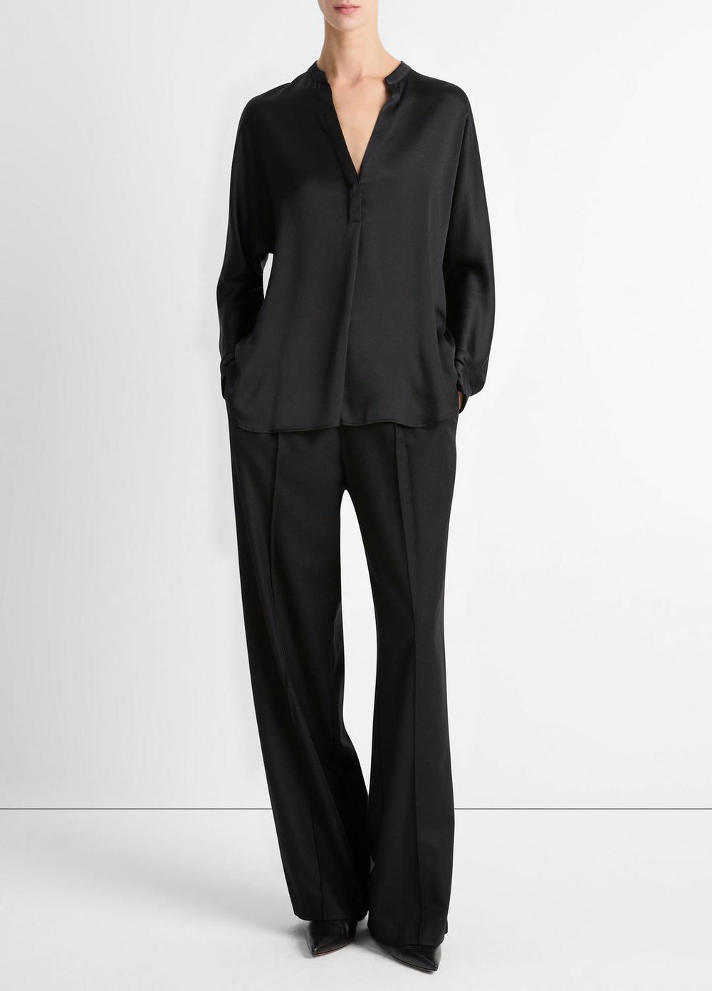 VINCE | Silk Satin Band-Collar Blouse in Long Sleeve - BLACK