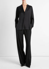 VINCE | Silk Satin Band-Collar Blouse in Long Sleeve - BLACK