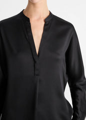 VINCE | Silk Satin Band-Collar Blouse in Long Sleeve - BLACK