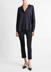 VINCE | Silk Satin Band-Collar Blouse in Long Sleeve - COASTAL BLUE