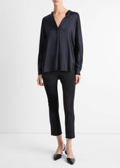 VINCE | Silk Satin Band-Collar Blouse in Long Sleeve - COASTAL BLUE