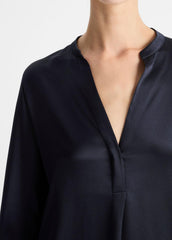 VINCE | Silk Satin Band-Collar Blouse in Long Sleeve - COASTAL BLUE