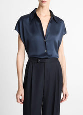 VINCE | Silk Cap-Sleeve Ruched-Back Blouse in Short Sleeve - COASTAL BLUE
