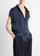 VINCE | Silk Cap-Sleeve Ruched-Back Blouse in Short Sleeve - COASTAL BLUE