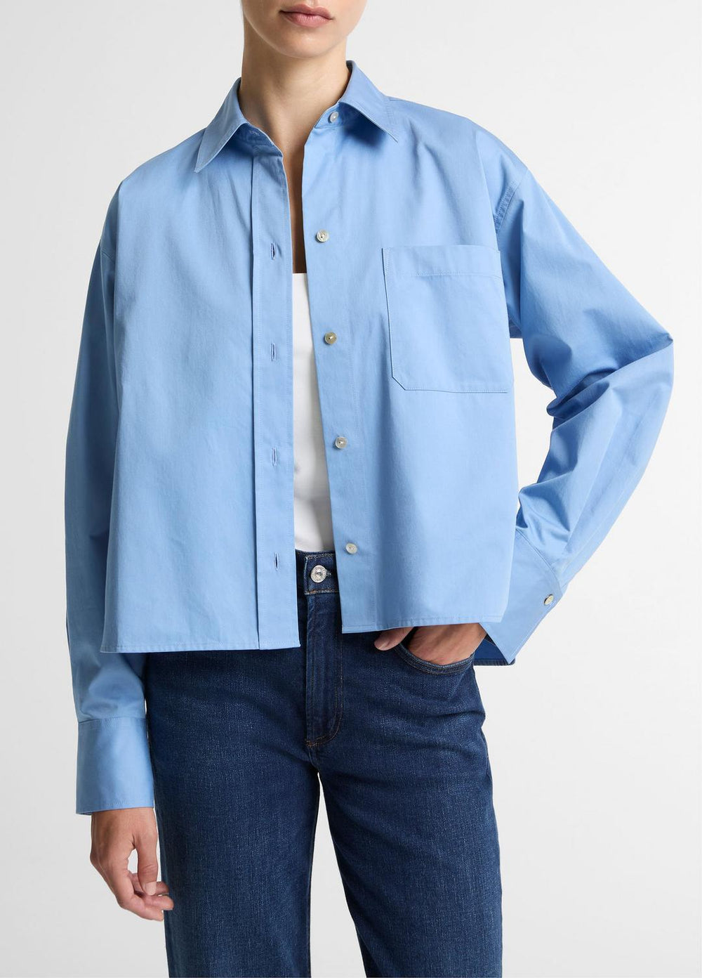 VINCE | Cotton Cropped Button-Front Shirt in Long Sleeve - HYDRA