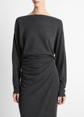 VINCE | Draped Wool-Blend Slash-Neck Top in Long Sleeve - DARK HEATHER GREY