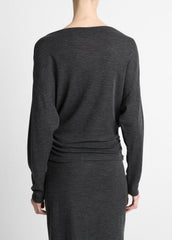 VINCE | Draped Wool-Blend Slash-Neck Top in Long Sleeve - DARK HEATHER GREY