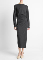 VINCE | Draped Wool-Blend Slash-Neck Top in Long Sleeve - DARK HEATHER GREY