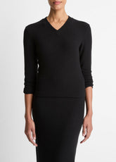 VINCE | Cozy Rib High V-Neck Top in Long Sleeve - BLACK