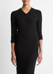 VINCE | Cozy Rib High V-Neck Top in Long Sleeve - BLACK