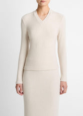 VINCE | Cozy Rib High V-Neck Top in Long Sleeve - HEATHER CREAM OAT