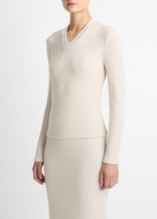VINCE | Cozy Rib High V-Neck Top in Long Sleeve - HEATHER CREAM OAT