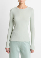 VINCE | Ribbed Pima Cotton Long-Sleeve T-Shirt in Long Sleeve - LIGHT ALOE STONE