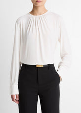 VINCE | Matte Jersey Gathered Blouse in Long Sleeve - OFF WHITE