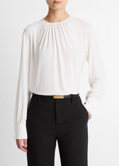 VINCE | Matte Jersey Gathered Blouse in Long Sleeve - OFF WHITE