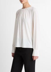 VINCE | Matte Jersey Gathered Blouse in Long Sleeve - OFF WHITE