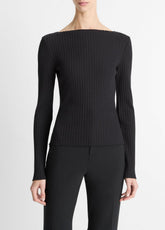 VINCE | Ribbed Cotton-Blend Slash-Neck Long-Sleeve Top in Long Sleeve - BLACK