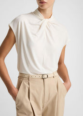 VINCE | Twist-Neck Matte Jersey Cap-Sleeve Top in Short Sleeve - BONE